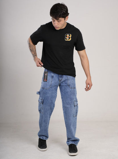 Pantalón en Jean Baggy cargo camuflado rígido PREMIUM